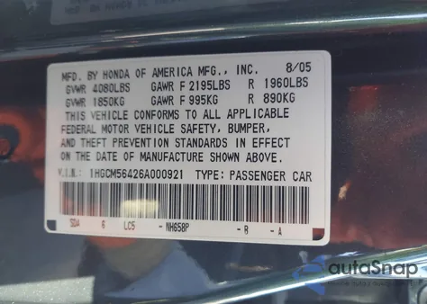 2006 Honda Accord 2.4 Lx из США, поврежденный, VIN 1HGCM56426A000921